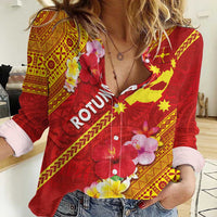 Rotuma Island Women Casual Shirt Fijian Tapa with Polynesian Art and Hibiscus