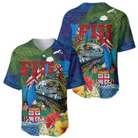 Fiji Iguana-Coat of Arms Baseball Jersey with Hibiscus and Plumeria Palm Tree Tapa Art