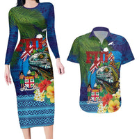Fiji Iguana-Coat of Arms Couples Matching Long Sleeve Bodycon Dress and Hawaiian Shirt with Hibiscus and Plumeria Palm Tree Tapa Art