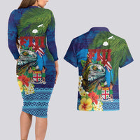 Fiji Iguana-Coat of Arms Couples Matching Long Sleeve Bodycon Dress and Hawaiian Shirt with Hibiscus and Plumeria Palm Tree Tapa Art