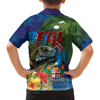 Fiji Iguana-Coat of Arms Family Matching Off The Shoulder Long Sleeve Dress and Hawaiian Shirt with Hibiscus and Plumeria Palm Tree Tapa Art LT03 - Polynesian Pride