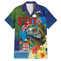 Fiji Iguana-Coat of Arms Family Matching Off The Shoulder Long Sleeve Dress and Hawaiian Shirt with Hibiscus and Plumeria Palm Tree Tapa Art LT03 Dad's Shirt - Short Sleeve Blue - Polynesian Pride