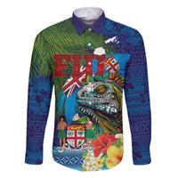 Fiji Iguana-Coat of Arms Family Matching Off The Shoulder Long Sleeve Dress and Hawaiian Shirt with Hibiscus and Plumeria Palm Tree Tapa Art LT03 Dad's Shirt - Long Sleeve Blue - Polynesian Pride