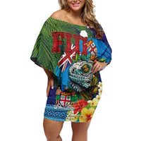 Fiji Iguana-Coat of Arms Family Matching Off Shoulder Short Dress and Hawaiian Shirt with Hibiscus and Plumeria Palm Tree Tapa Art