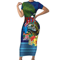 Fiji Iguana-Coat of Arms Family Matching Short Sleeve Bodycon Dress and Hawaiian Shirt with Hibiscus and Plumeria Palm Tree Tapa Art