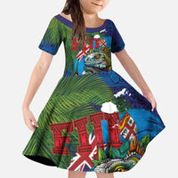 Fiji Iguana-Coat of Arms Kid Short Sleeve Dress with Hibiscus and Plumeria Palm Tree Tapa Art