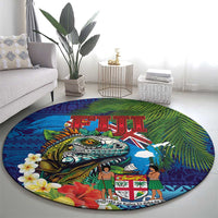Fiji Iguana-Coat of Arms Round Carpet with Hibiscus and Plumeria Palm Tree Tapa Art