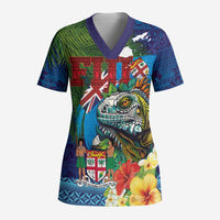 Fiji Iguana-Coat of Arms Scrub Top with Hibiscus and Plumeria Palm Tree Tapa Art - Polynesian Pride