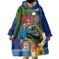 Fiji Iguana-Coat of Arms Wearable Blanket Hoodie with Hibiscus and Plumeria Palm Tree Tapa Art