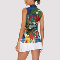 Fiji Iguana-Coat of Arms Women Sleeveless Polo Shirt with Hibiscus and Plumeria Palm Tree Tapa Art