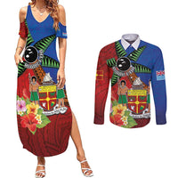 Personalised Fiji and Rotuma Together Couples Matching Summer Maxi Dress and Long Sleeve Button Shirt Fjian Masi and Pacific Pattern Mix Culture