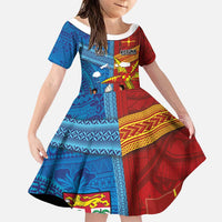 Personalised Fiji and Rotuma Together Family Matching Puletasi and Hawaiian Shirt Tapa and Pacific Art Pattern with Cultural Emblems Half Style LT03 Daughter's Dress Red - Polynesian Pride