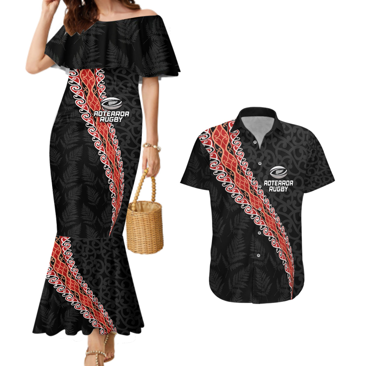 Custom New Zealand Rugby Couples Matching Mermaid Dress and Hawaiian Shirt Maori and Silver Fern Half Style