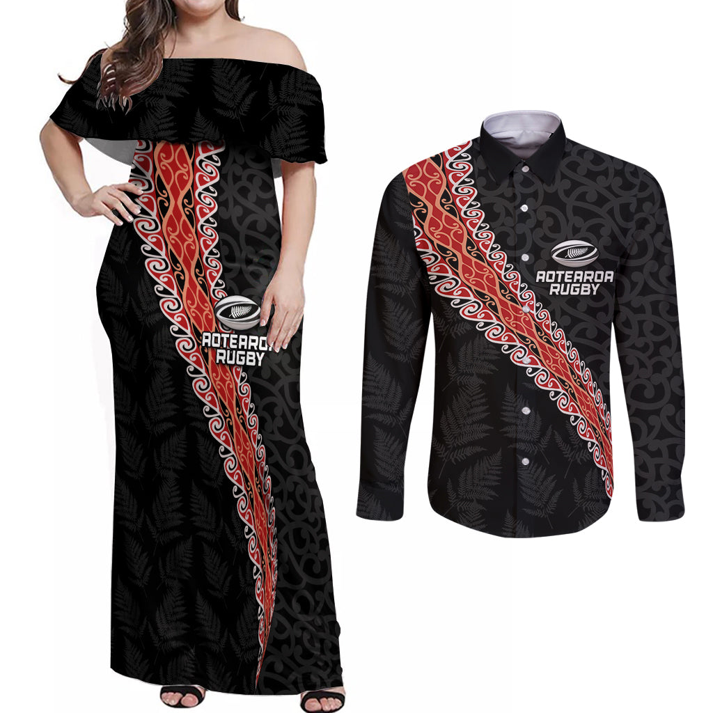 Custom New Zealand Rugby Couples Matching Off Shoulder Maxi Dress and Long Sleeve Button Shirt Maori and Silver Fern Half Style