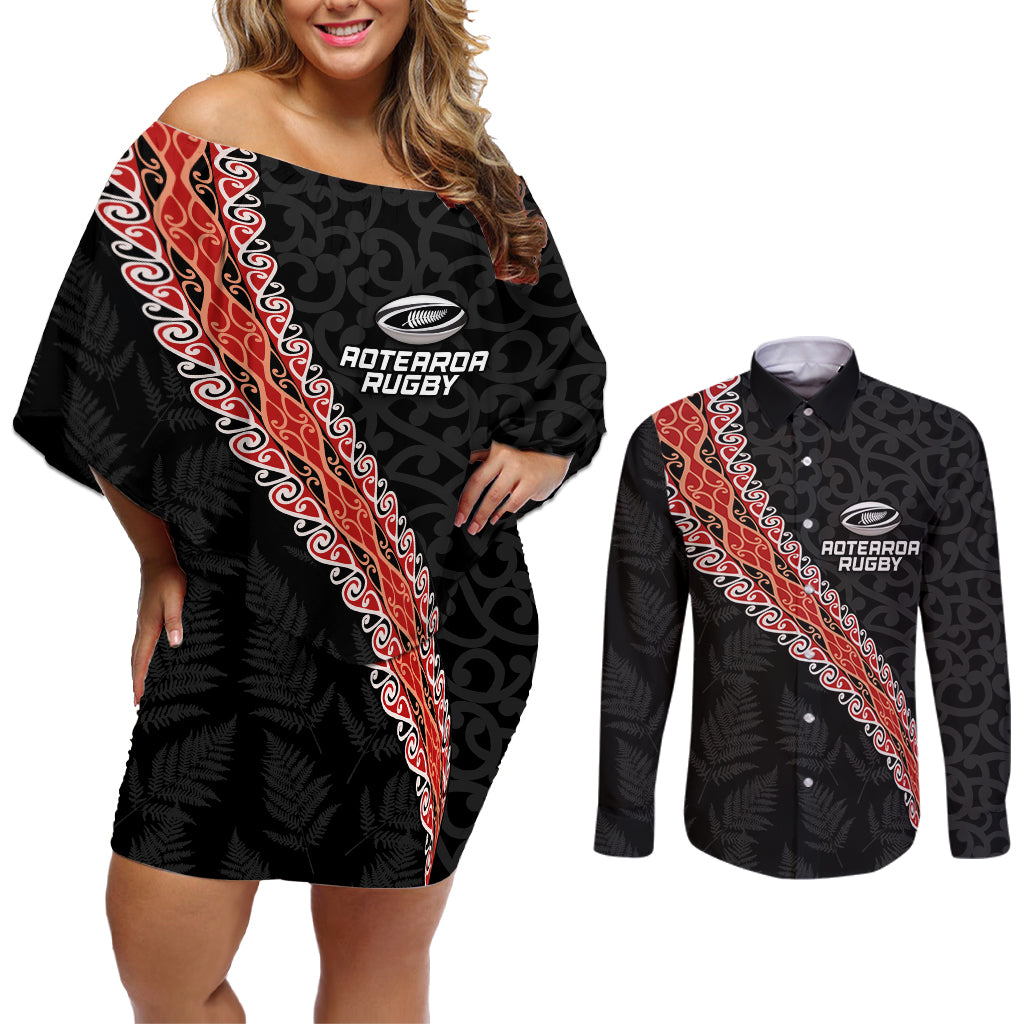 Custom New Zealand Rugby Couples Matching Off Shoulder Short Dress and Long Sleeve Button Shirt Maori and Silver Fern Half Style