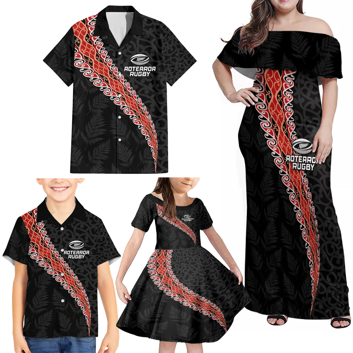 Custom New Zealand Rugby Family Matching Off Shoulder Maxi Dress and Hawaiian Shirt Maori and Silver Fern Half Style