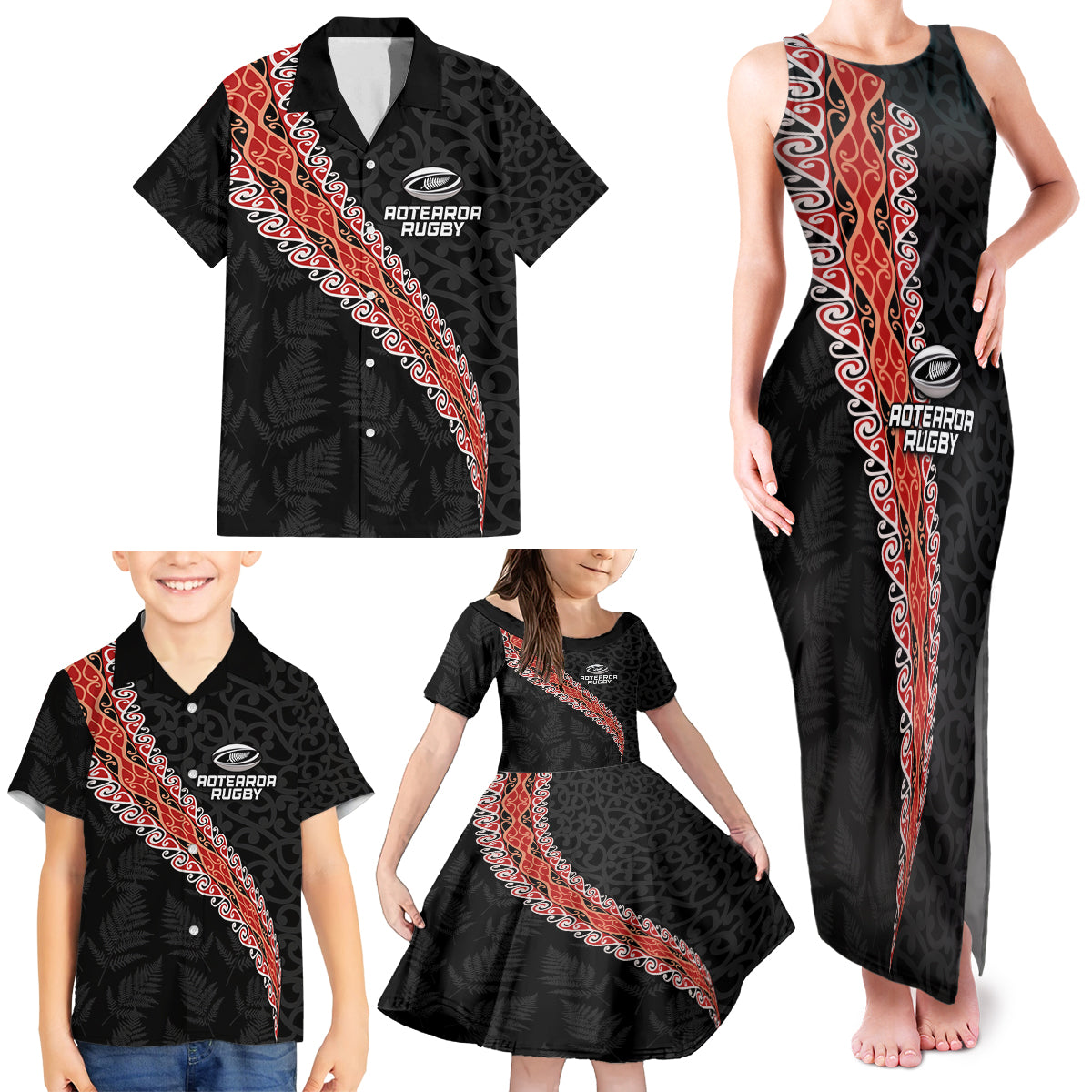 Custom New Zealand Rugby Family Matching Tank Maxi Dress and Hawaiian Shirt Maori and Silver Fern Half Style