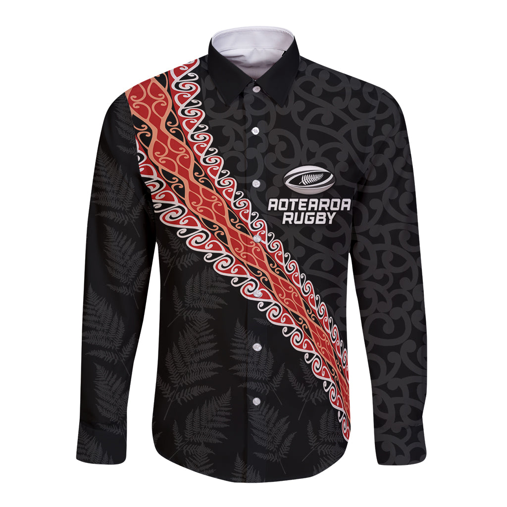 Custom New Zealand Rugby Long Sleeve Button Shirt Maori and Silver Fern Half Style