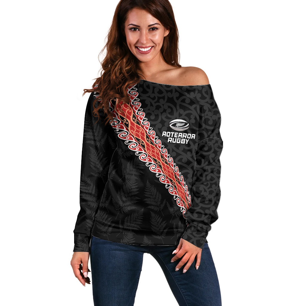 Custom New Zealand Rugby Off Shoulder Sweater Maori and Silver Fern Half Style