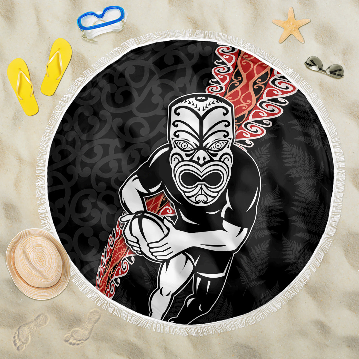 New Zealand Maori Warrior Rugby Beach Blanket Maori and Silver Fern Half Style