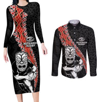 New Zealand Maori Warrior Rugby Couples Matching Long Sleeve Bodycon Dress and Long Sleeve Button Shirt Maori and Silver Fern Half Style