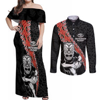 New Zealand Maori Warrior Rugby Couples Matching Off Shoulder Maxi Dress and Long Sleeve Button Shirt Maori and Silver Fern Half Style