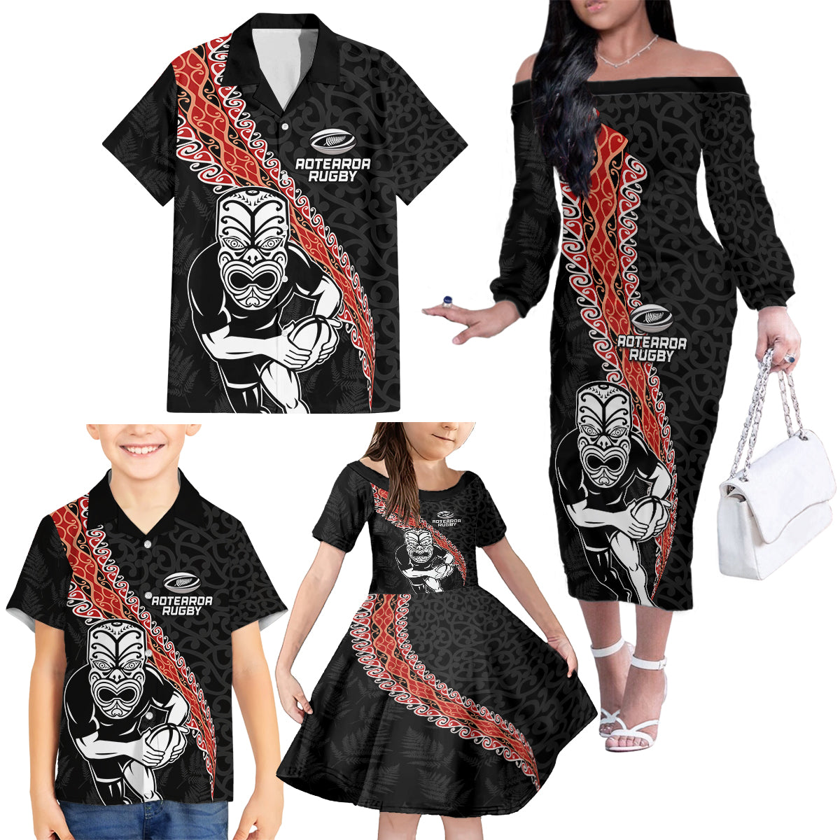 New Zealand Maori Warrior Rugby Family Matching Off The Shoulder Long Sleeve Dress and Hawaiian Shirt Maori and Silver Fern Half Style