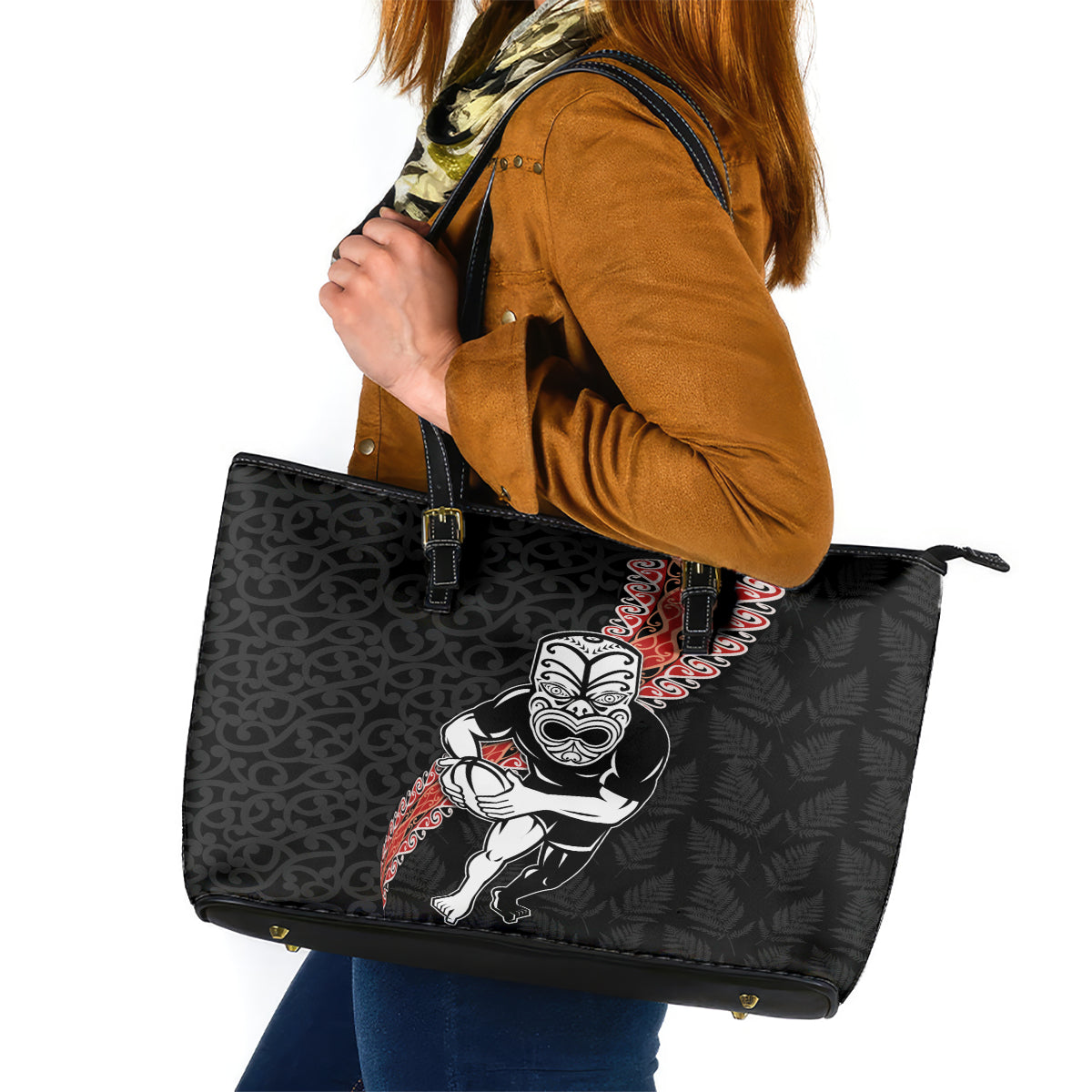 New Zealand Maori Warrior Rugby Leather Tote Bag Maori and Silver Fern Half Style