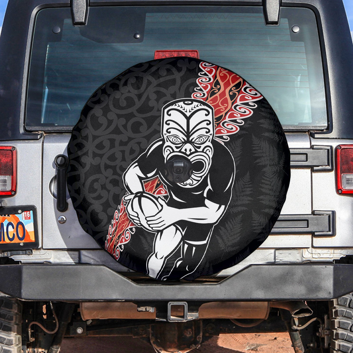 New Zealand Maori Warrior Rugby Spare Tire Cover Maori and Silver Fern Half Style
