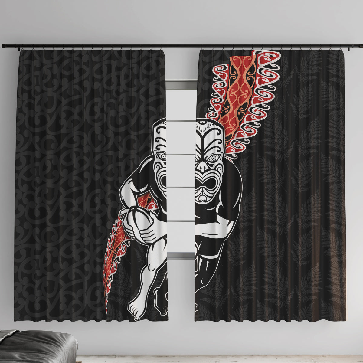 New Zealand Maori Warrior Rugby Window Curtain Maori and Silver Fern Half Style