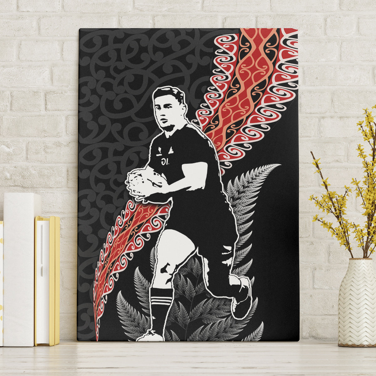 New Zealand Maori Rugby Player Canvas Wall Art Maori and Silver Fern Half Style
