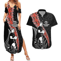 New Zealand Maori Rugby Player Couples Matching Summer Maxi Dress and Hawaiian Shirt Maori and Silver Fern Half Style LT03 Black - Polynesian Pride