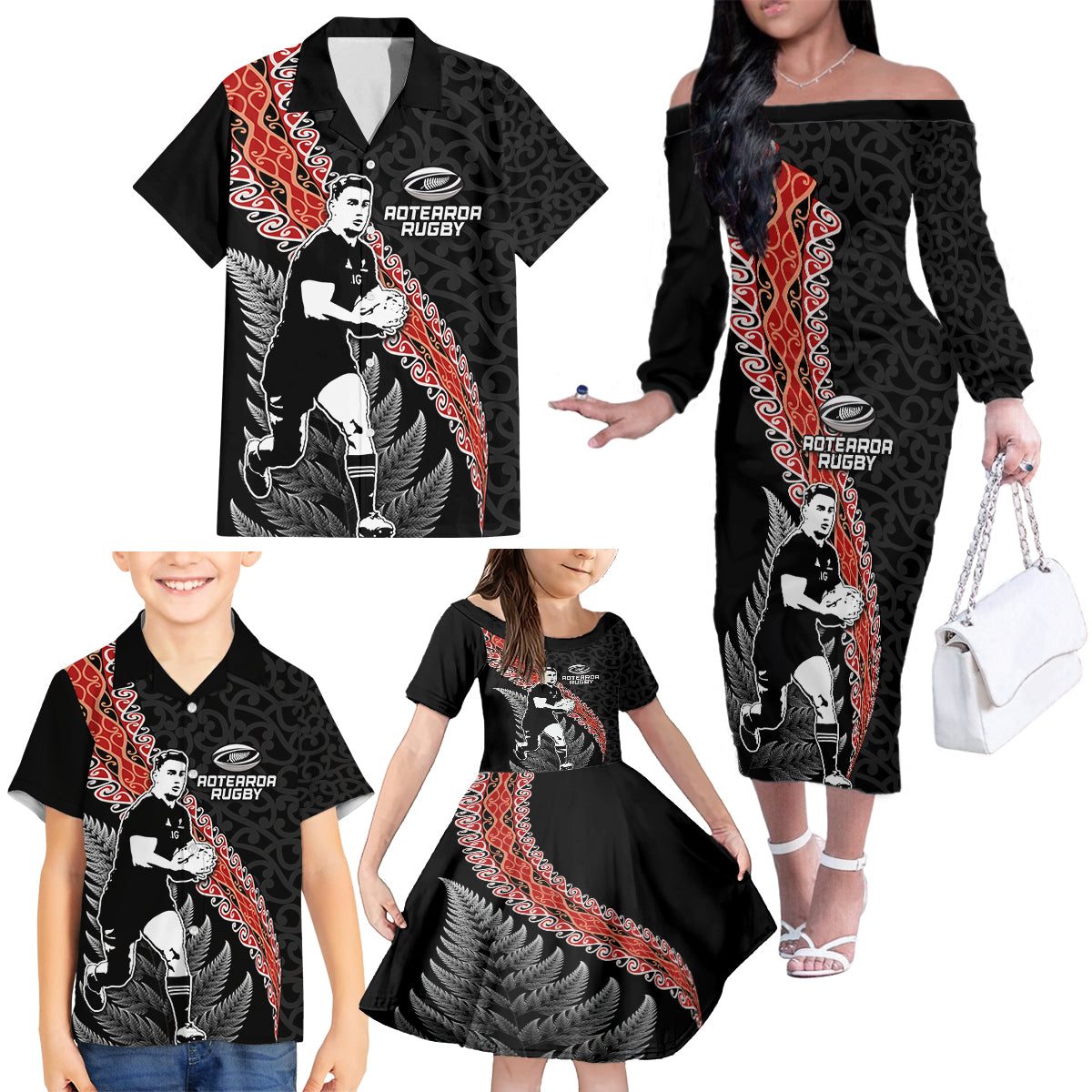 New Zealand Maori Rugby Player Family Matching Off The Shoulder Long Sleeve Dress and Hawaiian Shirt Maori and Silver Fern Half Style