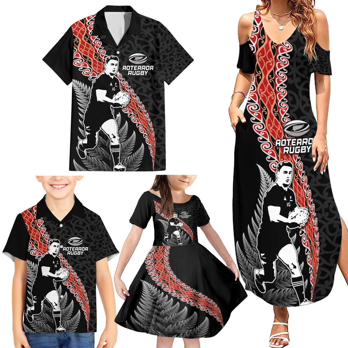 New Zealand Maori Rugby Player Family Matching Summer Maxi Dress and Hawaiian Shirt Maori and Silver Fern Half Style