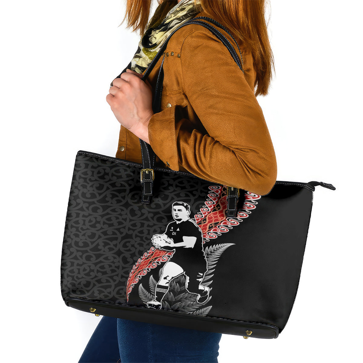 New Zealand Maori Rugby Player Leather Tote Bag Maori and Silver Fern Half Style
