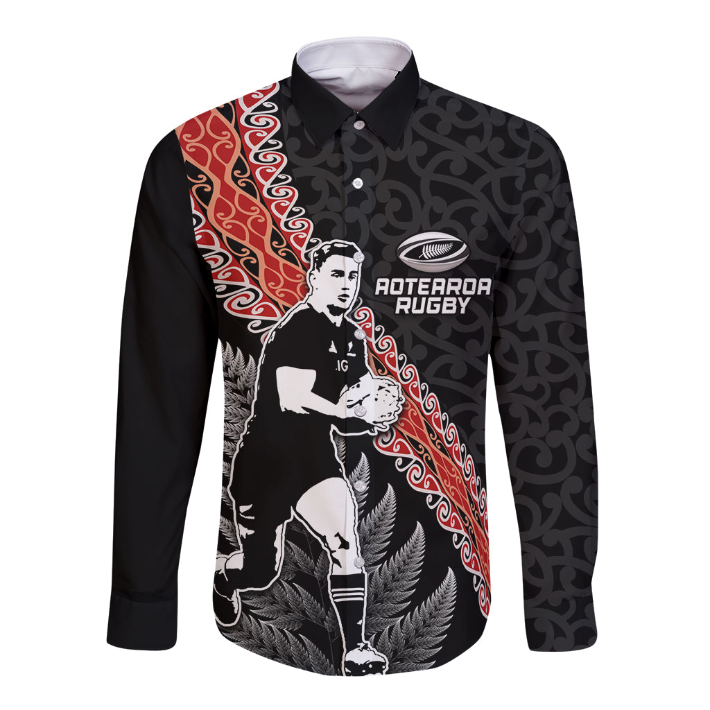 New Zealand Maori Rugby Player Long Sleeve Button Shirt Maori and Silver Fern Half Style