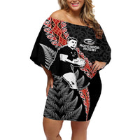 New Zealand Maori Rugby Player Off Shoulder Short Dress Maori and Silver Fern Half Style LT03 Women Black - Polynesian Pride