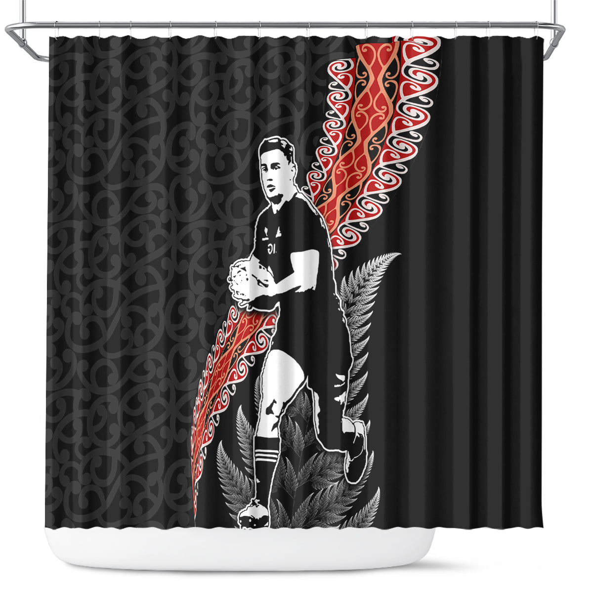New Zealand Maori Rugby Player Shower Curtain Maori and Silver Fern Half Style