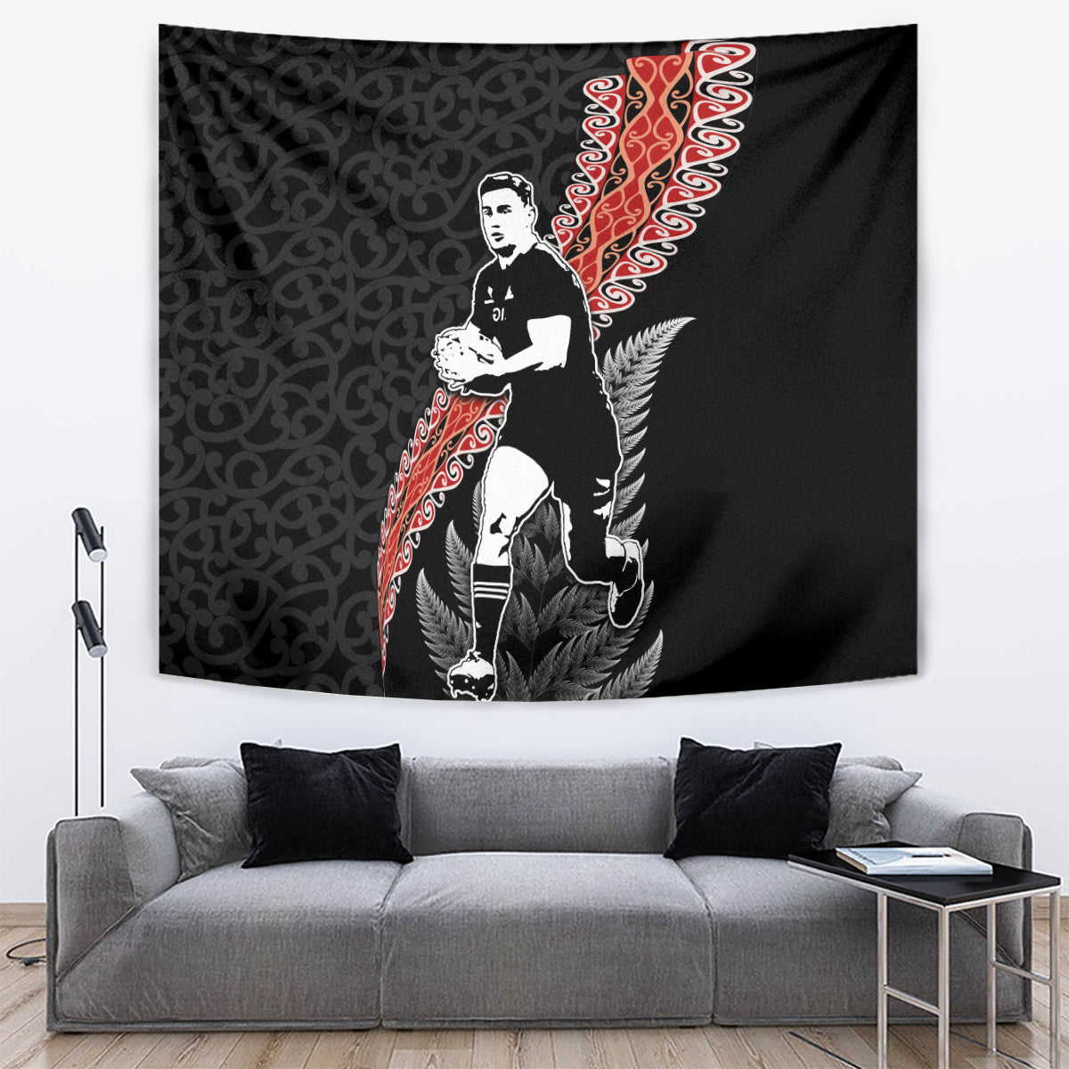 New Zealand Maori Rugby Player Tapestry Maori and Silver Fern Half Style
