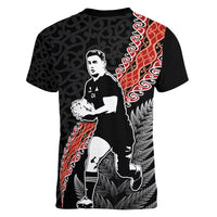 New Zealand Maori Rugby Player Women V-Neck T-Shirt Maori and Silver Fern Half Style