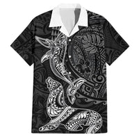 Hawaiian Monk Seal and Whale Family Matching Off The Shoulder Long Sleeve Dress and Hawaiian Shirt Kakau Tribal Pattern Grayscale LT03 Dad's Shirt - Short Sleeve Black - Polynesian Pride