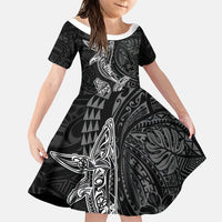 Hawaiian Monk Seal and Whale Family Matching Summer Maxi Dress and Hawaiian Shirt Kakau Tribal Pattern Grayscale LT03 Daughter's Dress Black - Polynesian Pride