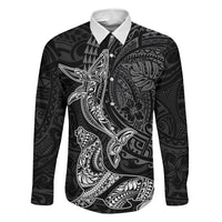 Hawaiian Monk Seal and Whale Family Matching Summer Maxi Dress and Hawaiian Shirt Kakau Tribal Pattern Grayscale LT03 Dad's Shirt - Long Sleeve Black - Polynesian Pride