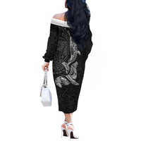 Hawaiian Monk Seal and Whale Off The Shoulder Long Sleeve Dress Kakau Tribal Pattern Grayscale LT03 - Polynesian Pride