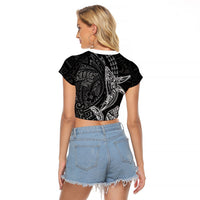 Hawaiian Monk Seal and Whale Raglan Cropped T Shirt Kakau Tribal Pattern Grayscale LT03 - Polynesian Pride