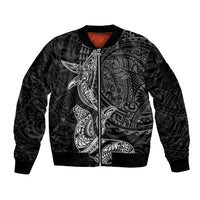 Hawaiian Monk Seal and Whale Sleeve Zip Bomber Jacket Kakau Tribal Pattern Grayscale LT03 Unisex Black - Polynesian Pride