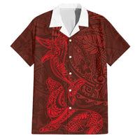 Hawaiian Monk Seal and Whale Family Matching Long Sleeve Bodycon Dress and Hawaiian Shirt Kakau Tribal Pattern Red Color LT03 Dad's Shirt - Short Sleeve Red - Polynesian Pride