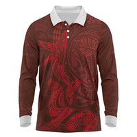 Hawaiian Monk Seal and Whale Long Sleeve Polo Shirt Kakau Tribal Pattern Red Color LT03 Red - Polynesian Pride