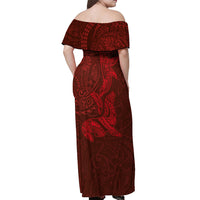 Hawaiian Monk Seal and Whale Off Shoulder Maxi Dress Kakau Tribal Pattern Red Color LT03 - Polynesian Pride