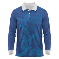 Hawaiian Monk Seal and Whale Long Sleeve Polo Shirt Kakau Tribal Pattern Blue Color LT03 Blue - Polynesian Pride